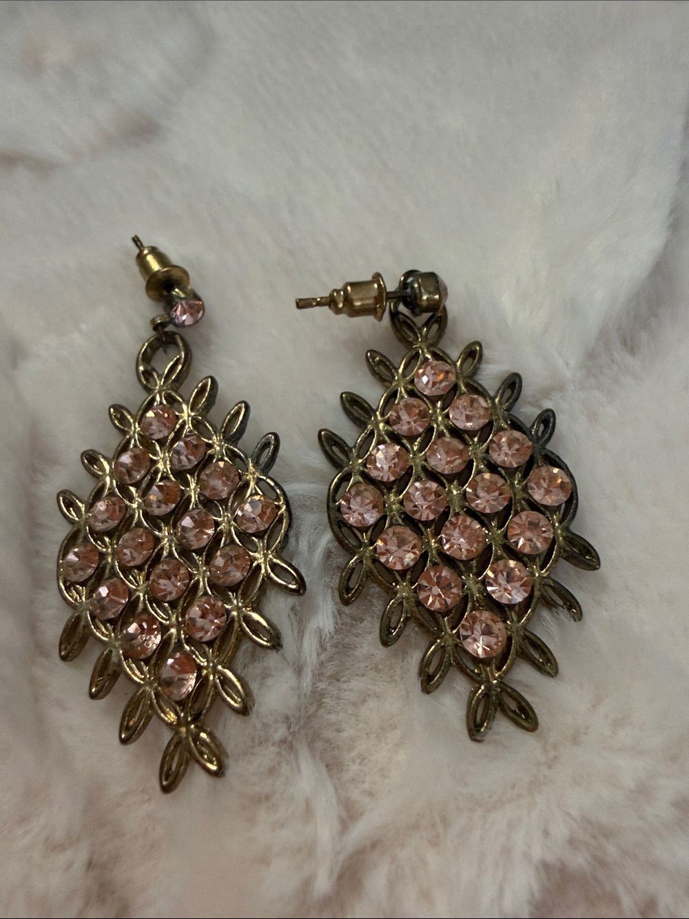 Vintage Gold-Tone Pink Crystal Drop Earrings